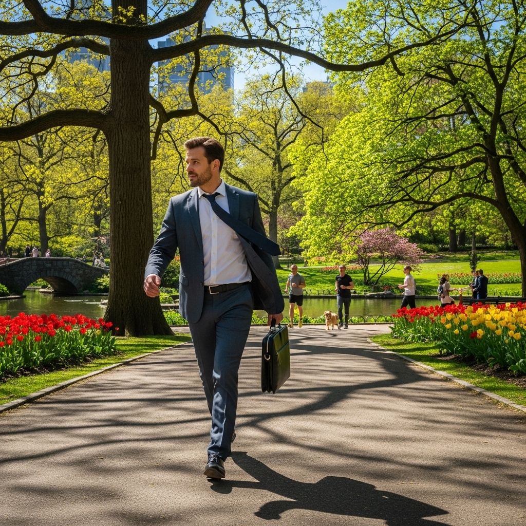 Homme marchant énergiquement dans un parc urbain verdoyant par une matinée ensoleillée, entouré d'arbres aux feuilles dorées d'automne, illustrant l'activité physique quotidienne non structurée