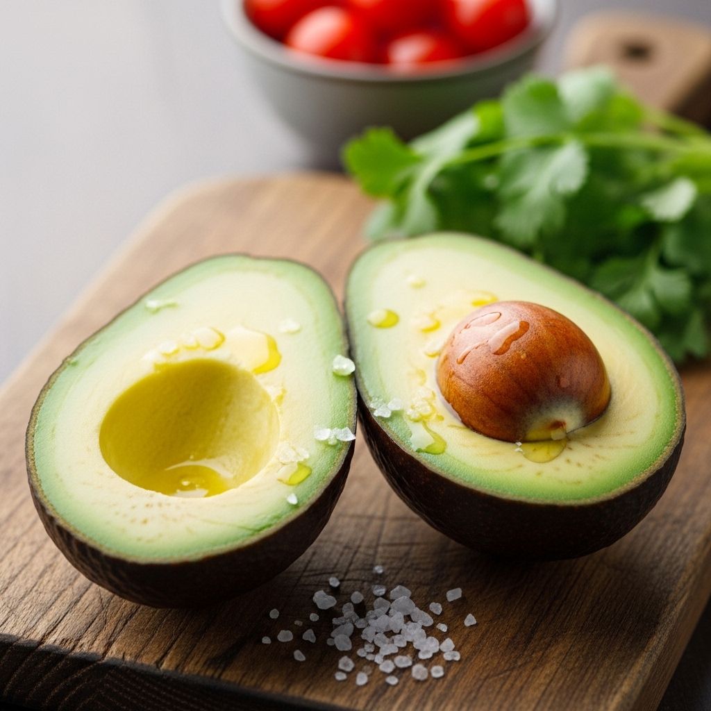 Avocat coupé en deux à la chair verte crémeuse posé à côté d'une bouteille d'huile d'olive extra vierge dorée et de quelques olives noires sur un fond de marbre blanc