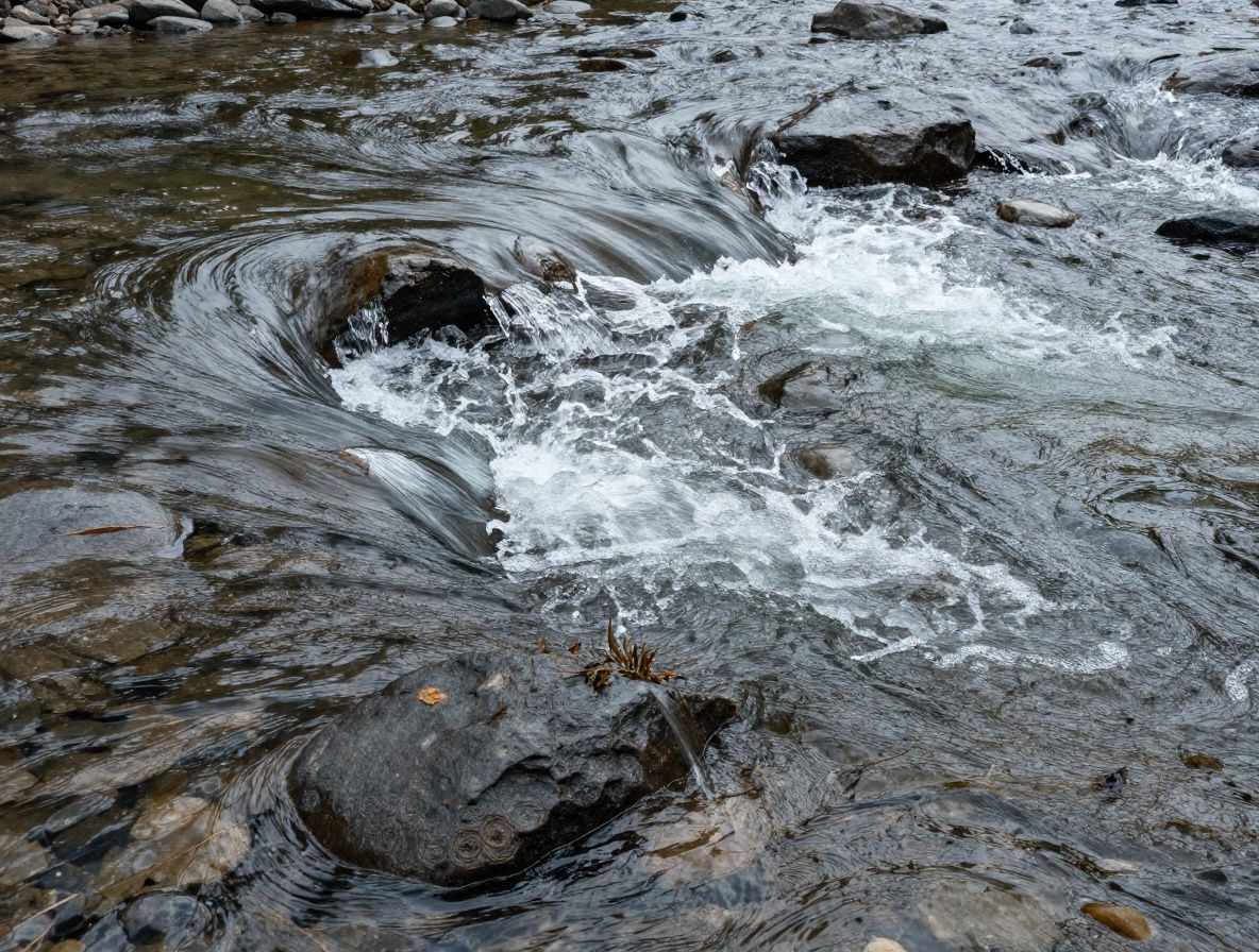 Eau claire et cristalline coulant doucement sur des galets lisses, symbole de pureté, de fluidité et d'hydratation naturelle